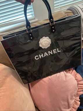 Chanel Black White Camellia Shopping Bag PVC